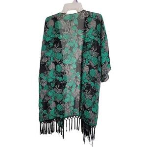 LULAROE Floral Kimono cardigan Cover up Fringe Sheer Green Black Large Light EZ